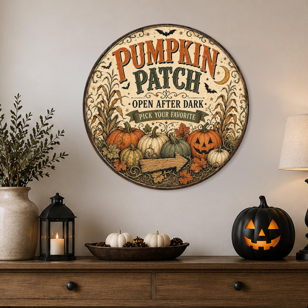 Pumpkin Patch Sign, Round Metal Halloween Wall Art, Halloween Decor, Pumpkin Decor, Fall Decor, Spooky Season, October Decor, Fall Wall Art