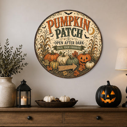 Pumpkin Patch Sign, Round Metal Halloween Wall Art, Halloween Decor, Pumpkin Decor, Fall Decor, Spooky Season, October Decor, Fall Wall Art