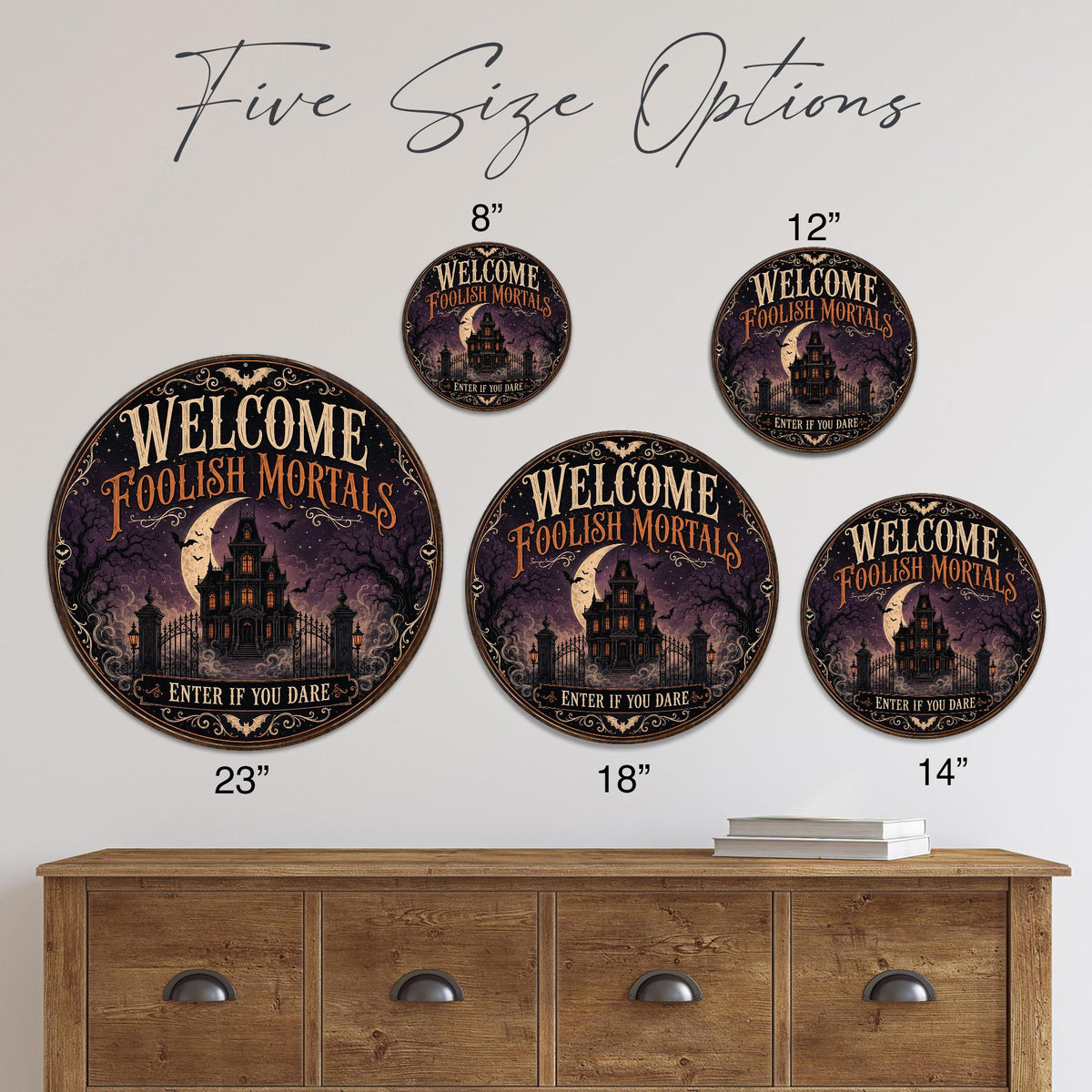 Welcome Foolish Mortals Sign, Round Metal Signs, Enter If You Dare, Haunted House Decor, Gothic Halloween, Spooky Season, Front Porch Art