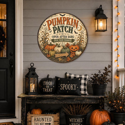 Pumpkin Patch Sign, Round Metal Halloween Wall Art, Halloween Decor, Pumpkin Decor, Fall Decor, Spooky Season, October Decor, Fall Wall Art