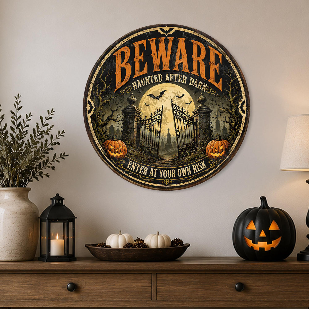 Beware Haunted Halloween Sign, Round Metal Halloween Art, Enter Own Risk, Haunted House Sign, Gothic Halloween, Scary Decor, Spooky Season