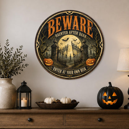 Beware Haunted Halloween Sign, Round Metal Halloween Art, Enter Own Risk, Haunted House Sign, Gothic Halloween, Scary Decor, Spooky Season