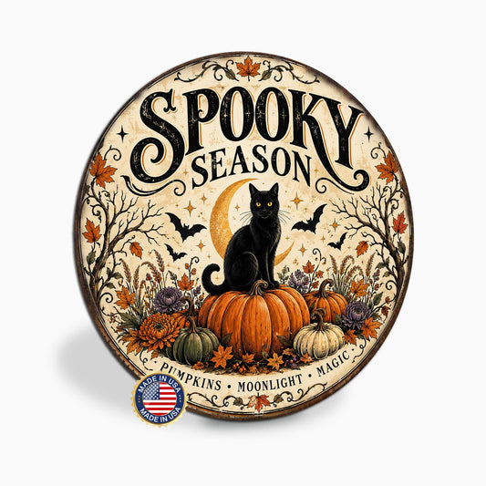 Spooky Season Sign, Round Metal Halloween Wall Art, Black Cat Decor, Moon Magic Decor, Vintage Halloween Sign, Spooky Decor, Spooky Season