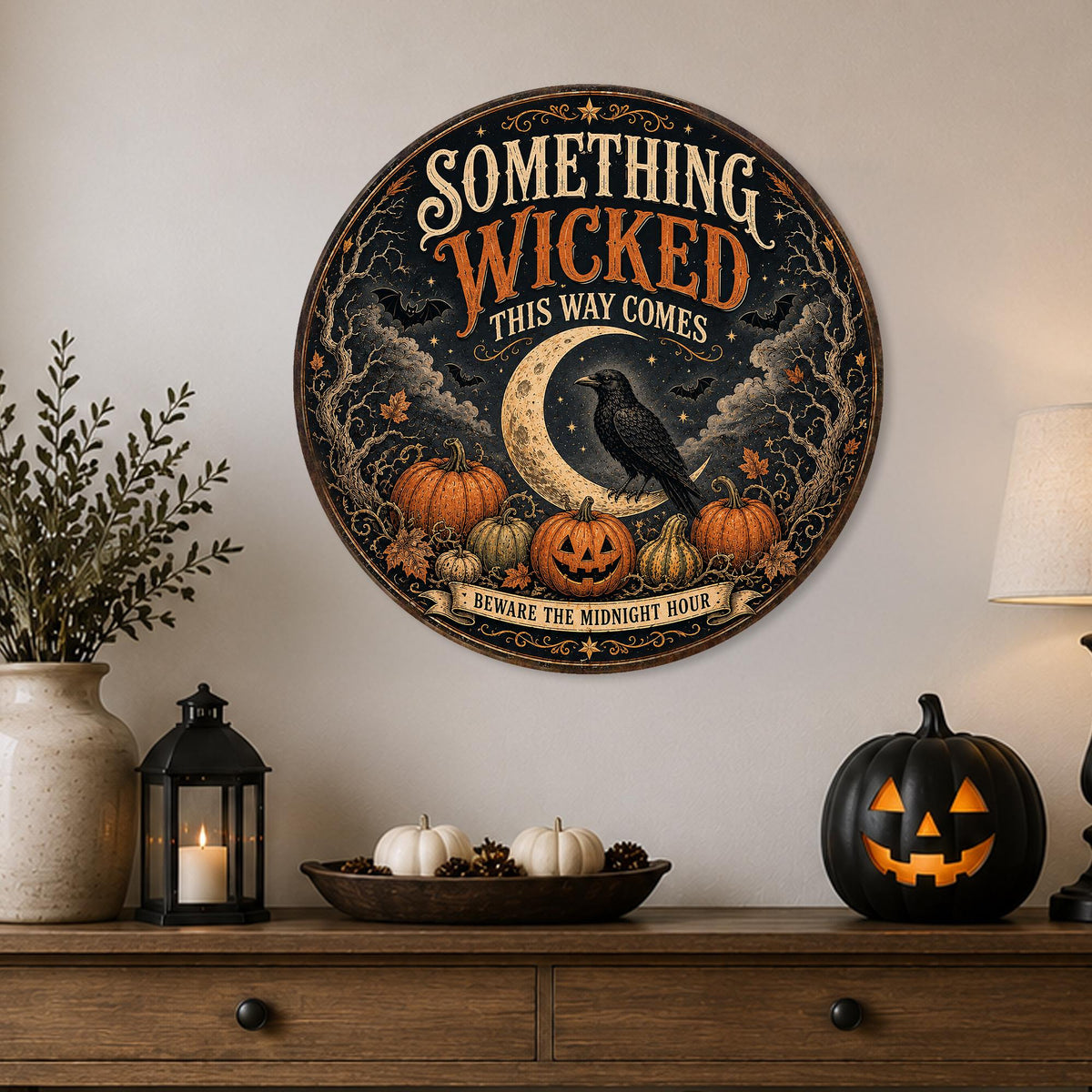 Something Wicked Sign, Round Metal Halloween Sign, Halloween Decor, Spooky Decor, Haunted Decor, Gothic Decor, October Decor, Seasonal Signs