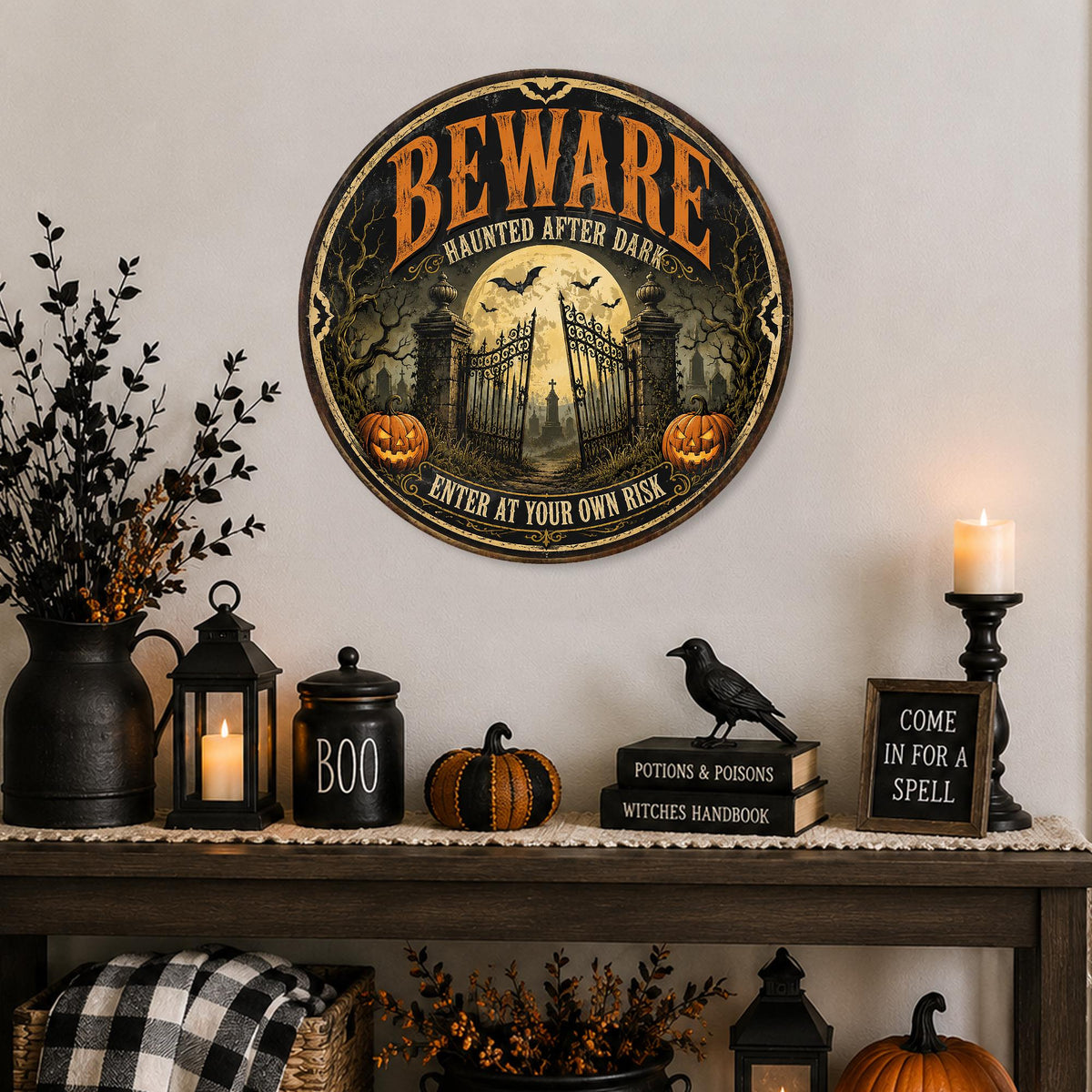 Beware Haunted Halloween Sign, Round Metal Halloween Art, Enter Own Risk, Haunted House Sign, Gothic Halloween, Scary Decor, Spooky Season