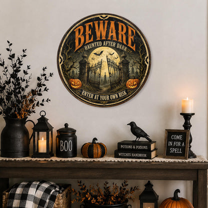 Beware Haunted Halloween Sign, Round Metal Halloween Art, Enter Own Risk, Haunted House Sign, Gothic Halloween, Scary Decor, Spooky Season