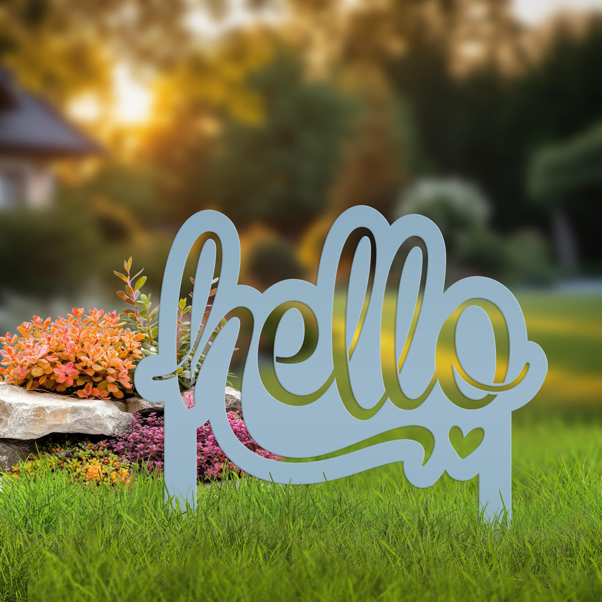 Welcoming Hello Metal Outdoor Yard Stake - Charming Front Lawn Decor - Laser Cut Garden Decoration - Unique Welcome Sign - Housewarming Gift