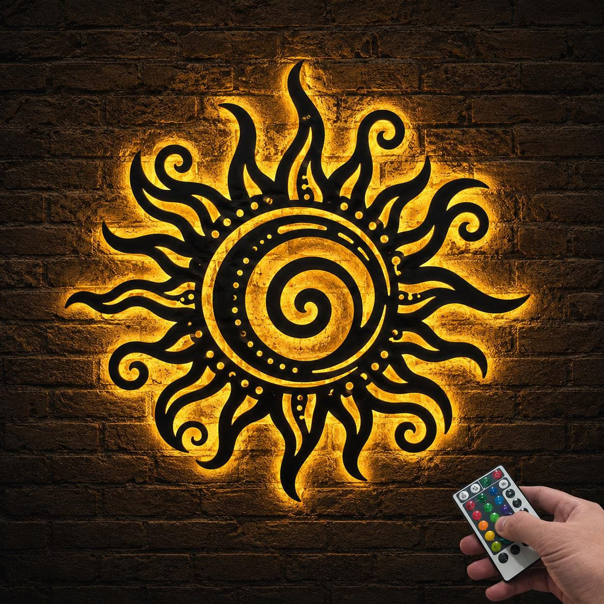 Boho Sun Metal Wall Light, LED Spiral Sun Decor, Celestial Wall Art, Backlit Home Decor, Meditation Room