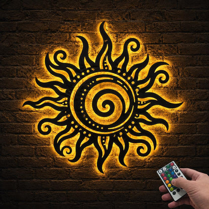 Boho Sun Metal Wall Light, LED Spiral Sun Decor, Celestial Wall Art, Backlit Home Decor, Meditation Room